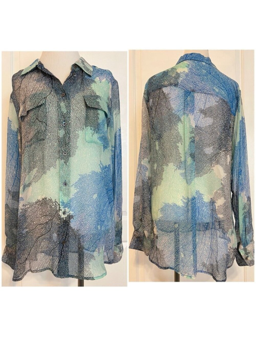 $220 EQUIPMENT Signature Blouse Blue Teal Coral Print Sheer Button Designer L